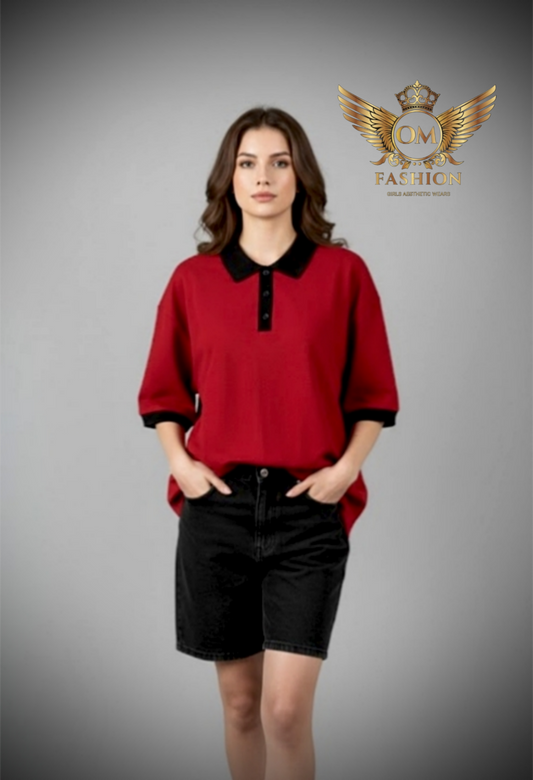 Crimson Charm Polo Oversized T-Shirt